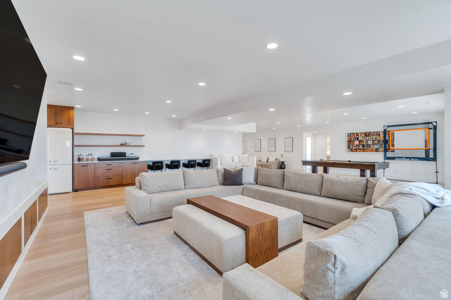 3918 South Mapleton Ests Drive Mapleton, UT 84664 - Photo 65 of 103 Living room featuring light wood-type flooring and recessed lighting