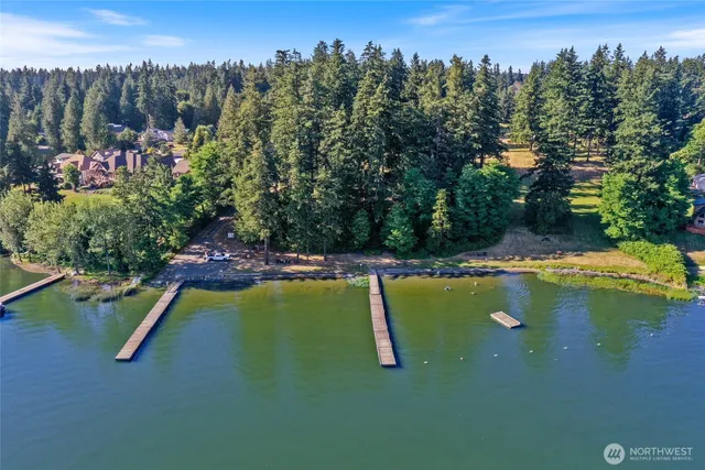 a view of a backyard with swimming pool and trees in the background