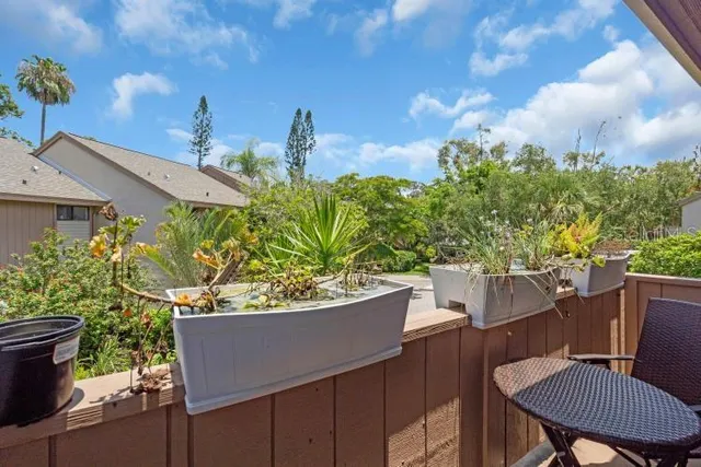 a view of a chairs and table in the backyard