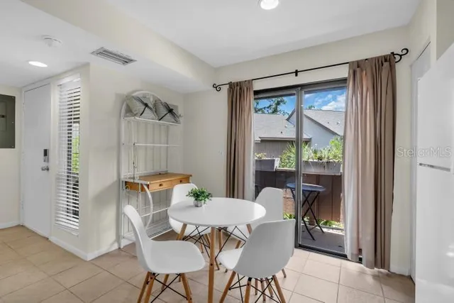 a view of a dining room with furniture window and outside view