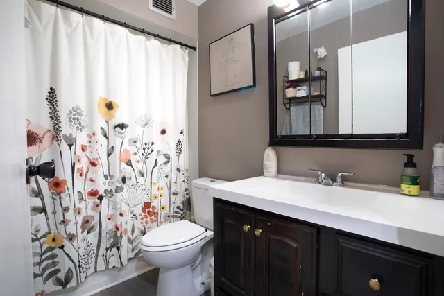 a bathroom with a sink a toilet and shower curtain
