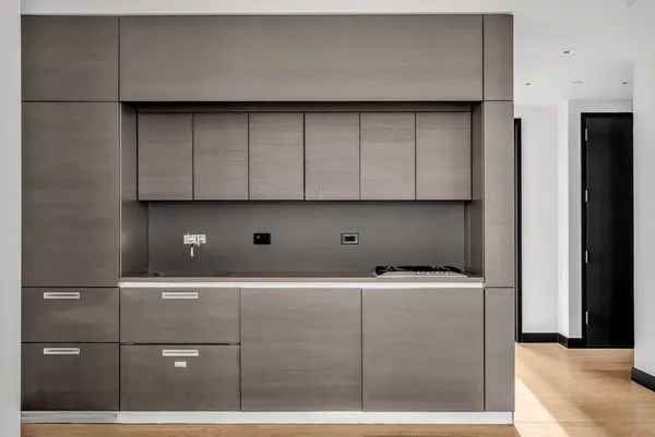 a kitchen with a cabinets