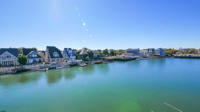 a view of a lake with boats and trees in the background
