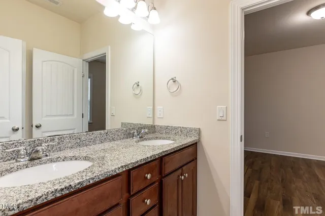 a bathroom with a granite countertop sink and a mirror