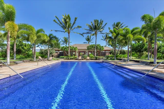 a view of swimming pool with palm trees