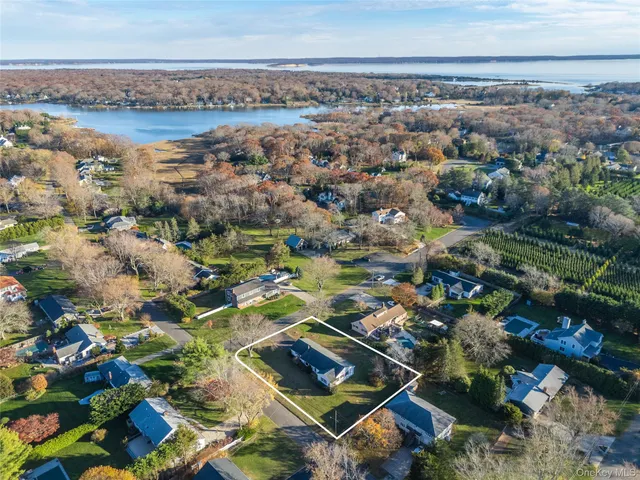 an aerial view of a city and lake view