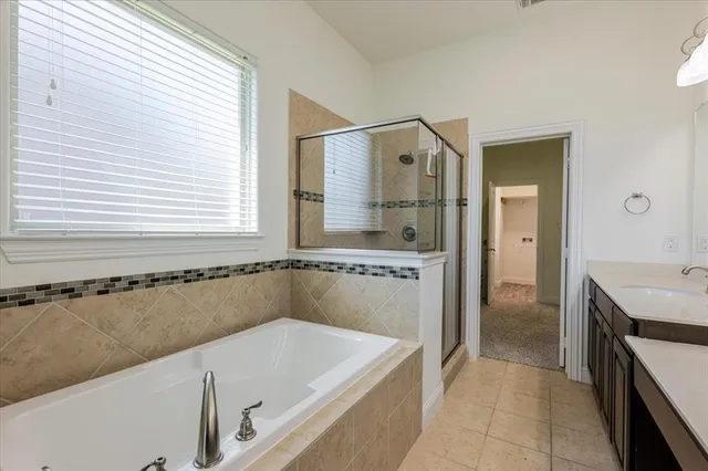 a bathroom with a tub a sink a mirror and a shower