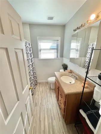 a bathroom with a sink a toilet a mirror and shower