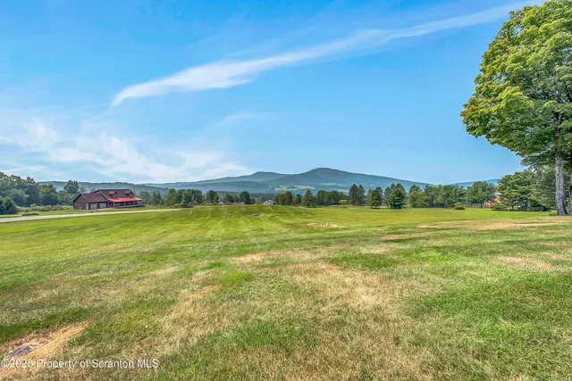 a view of a town with mountains in the background