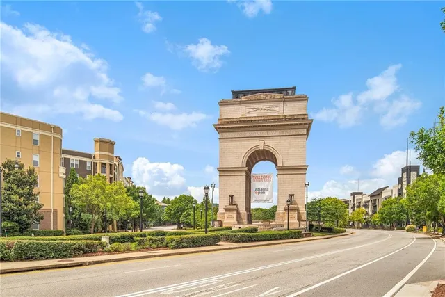 an aerial view of a building with outdoor space
