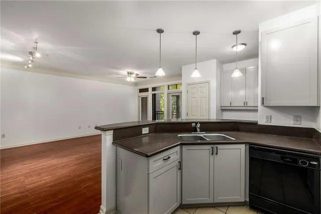 a kitchen with a sink cabinets and wooden floor