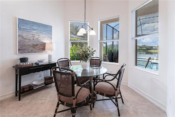 a view of a dining room with furniture window and outside view