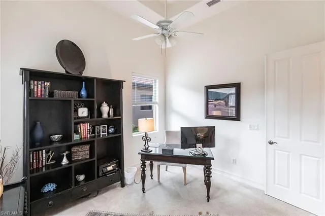 a workspace with a bookshelf