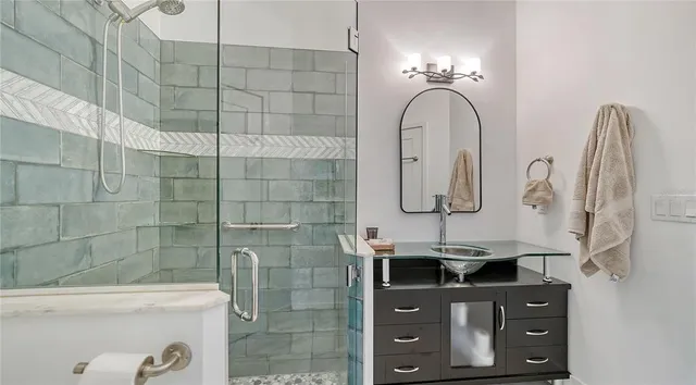 a swimming pool with outdoor seating and yard