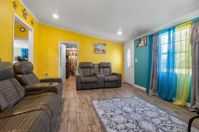 a living room with furniture and a rug