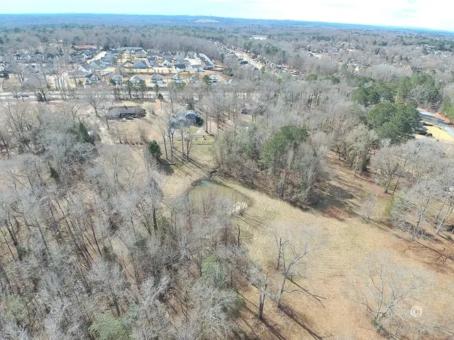 an aerial view of residential houses with outdoor space and trees