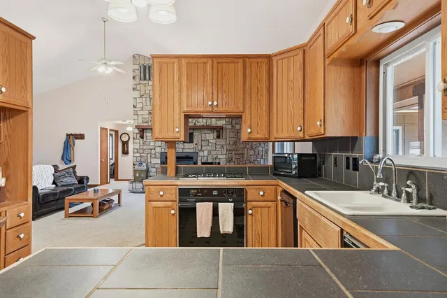 a view of a house with backyard and trees