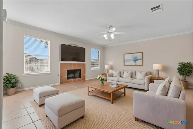 a living room with furniture and a fireplace