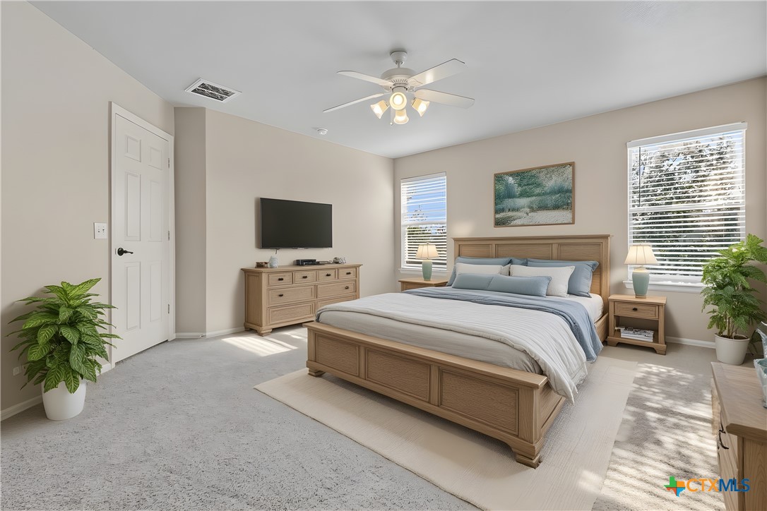 172 Coreopsis Cove Kyle, TX 78640 - Photo 4 of 33 a spacious bedroom with a large bed a flat tv screen and a potted plant