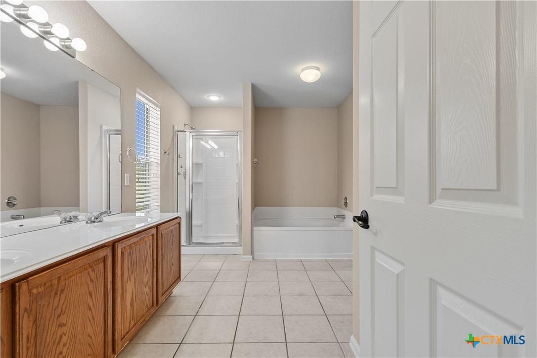 172 Coreopsis Cove Kyle, TX 78640 - Photo 5 of 33 a spacious bathroom with a granite countertop sink a mirror and a bathtub
