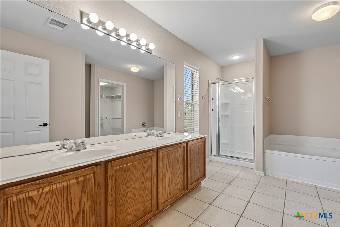172 Coreopsis Cove Kyle, TX 78640 - Photo 6 of 33 a bathroom with a tub a sink and mirror