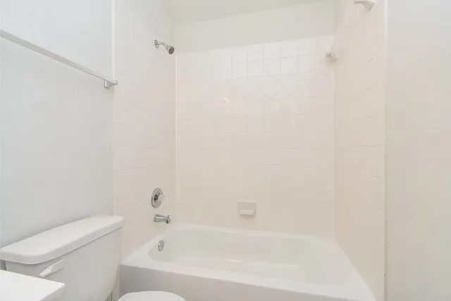 a bathroom with a bathtub and a toilet