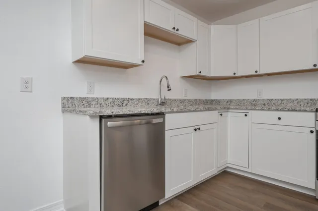 a kitchen with stainless steel appliances granite countertop a sink and dishwasher with wooden floor