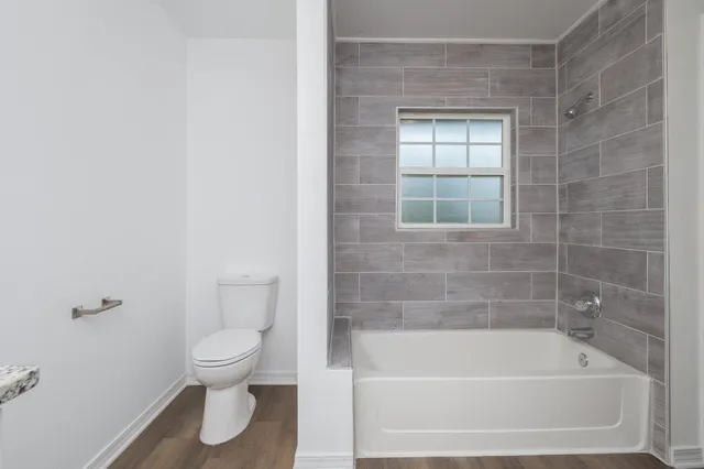 a bathroom with a toilet and bathtub