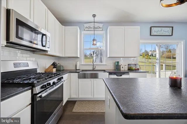 a kitchen with stainless steel appliances granite countertop a stove a sink and a microwave