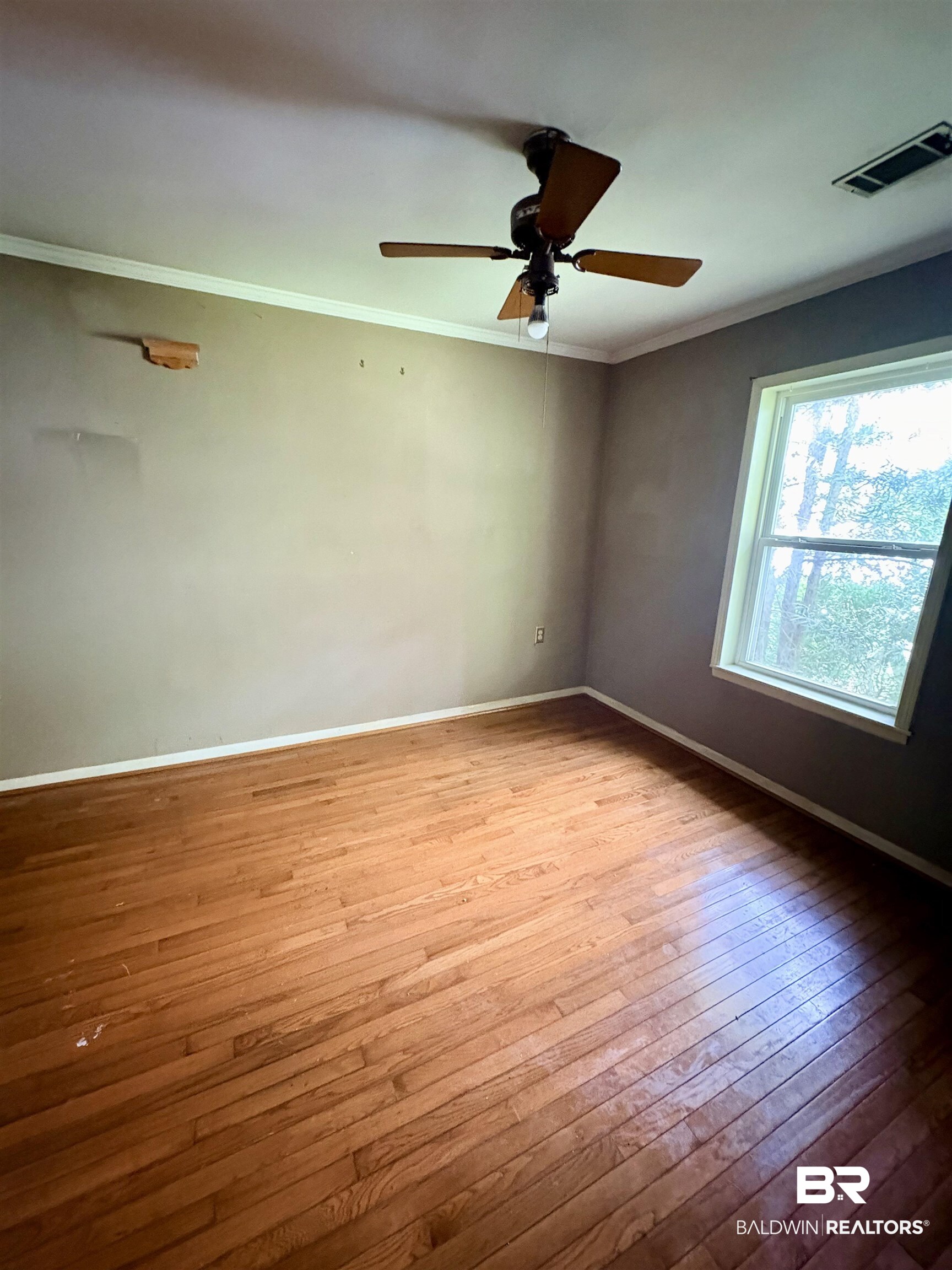 1018 Bates Road Evergreen, AL 36401 - Photo 9 of 21 Spare room featuring hardwood / wood-style floors, ornamental molding, and ceiling fan