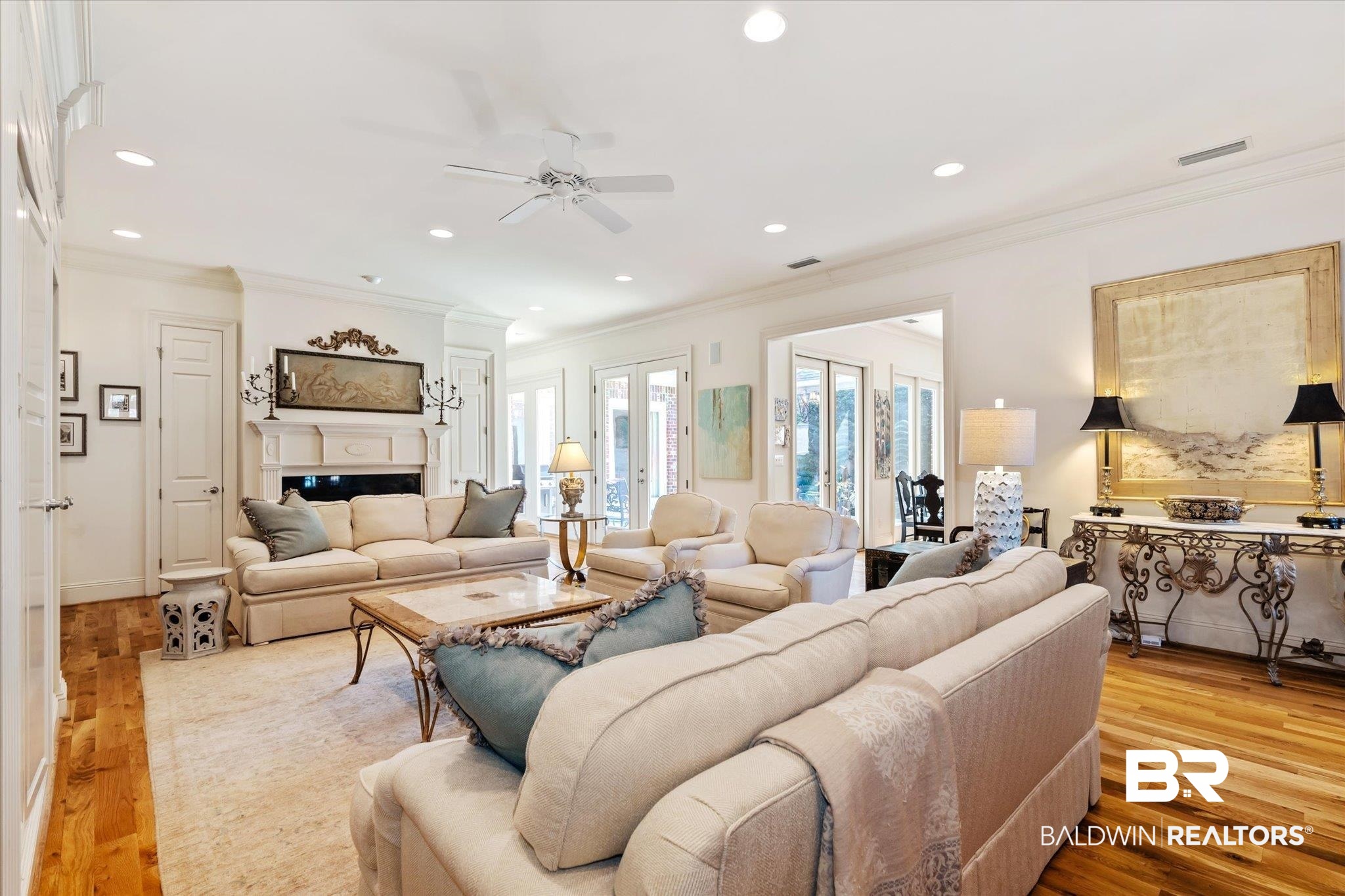 3963 Wimbledon Park Mobile, AL 36608 - Photo 15 of 51 Living room featuring ceiling fan, french doors, light hardwood / wood-style flooring, and ornamental molding