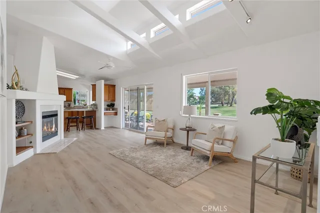 a living room with furniture a fireplace a large window and potted plants
