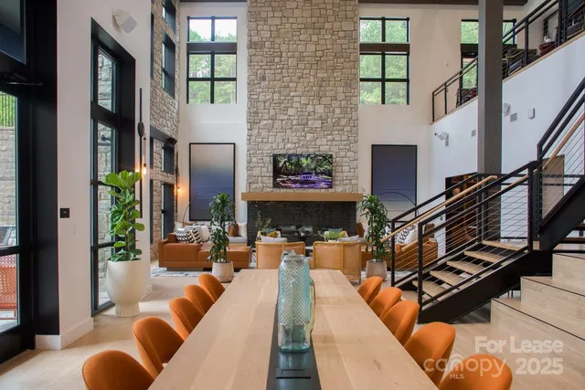 a living room with furniture fireplace and potted plant