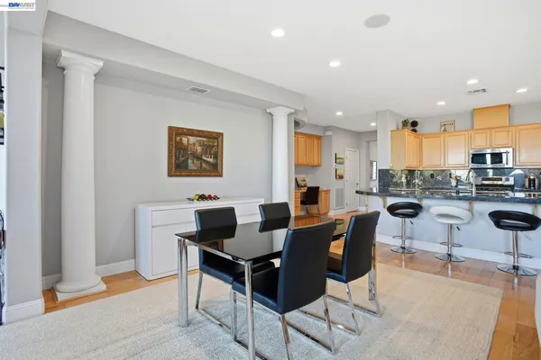 a view of a dining room with furniture