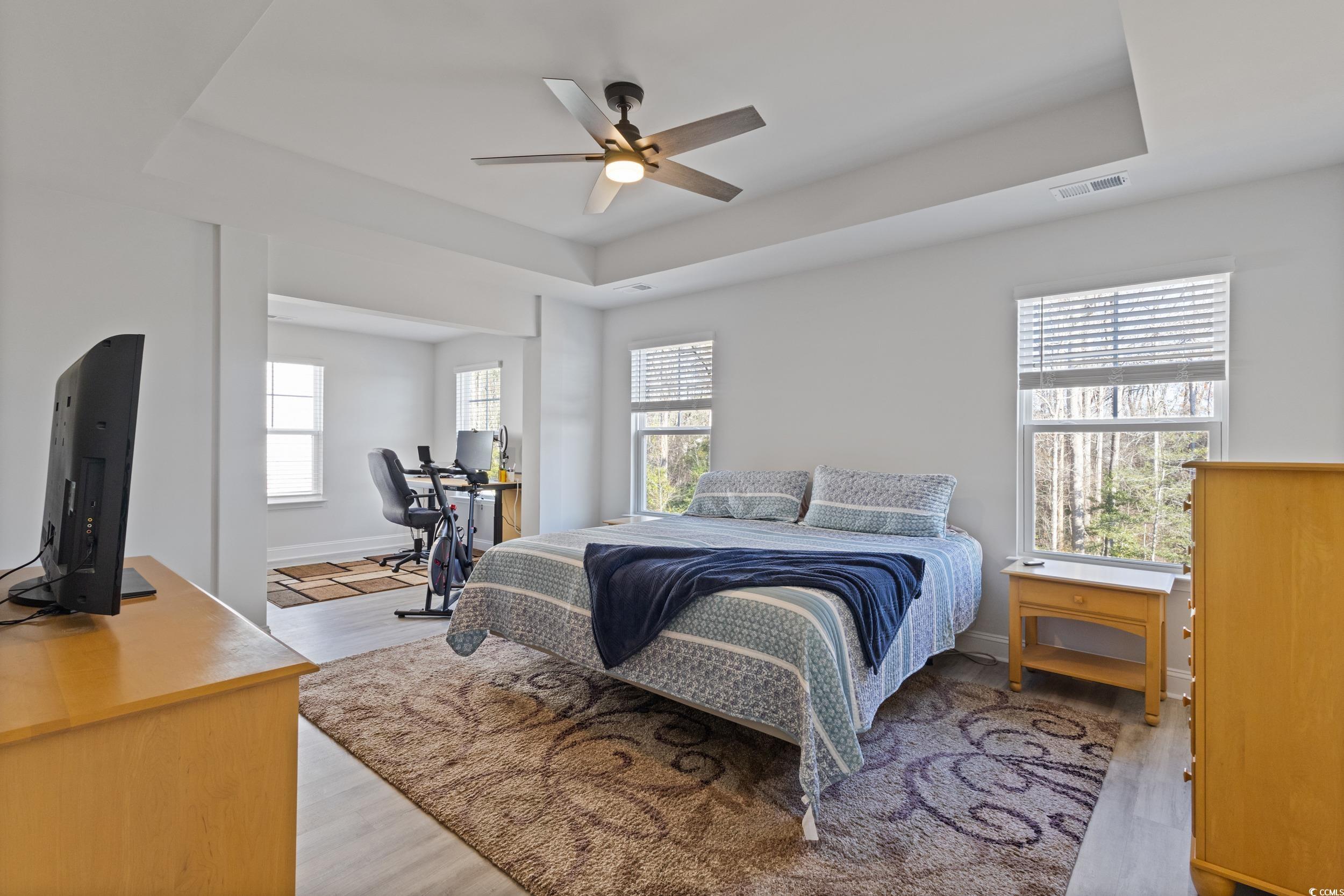 4070 Rutherford Court Little River, SC 29566 - Photo 25 of 40 Bedroom featuring a tray ceiling, light wood-style floors, ceiling fan, and a desk