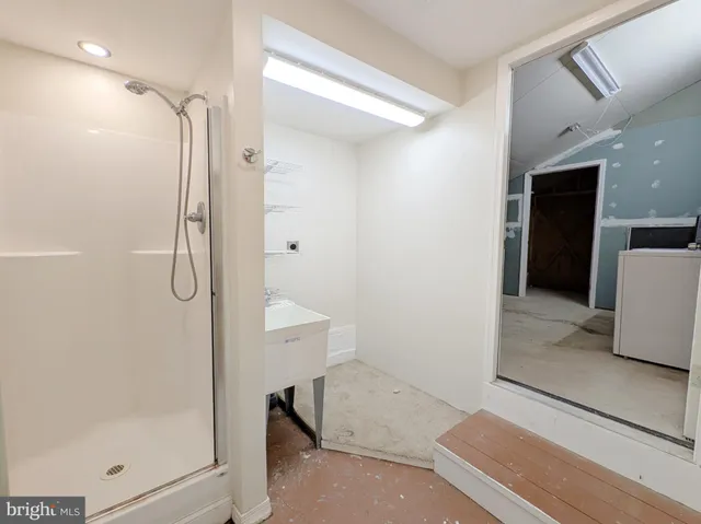 a bathroom with a shower and a sink