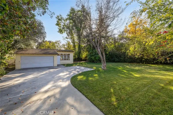 a view of a backyard with large trees