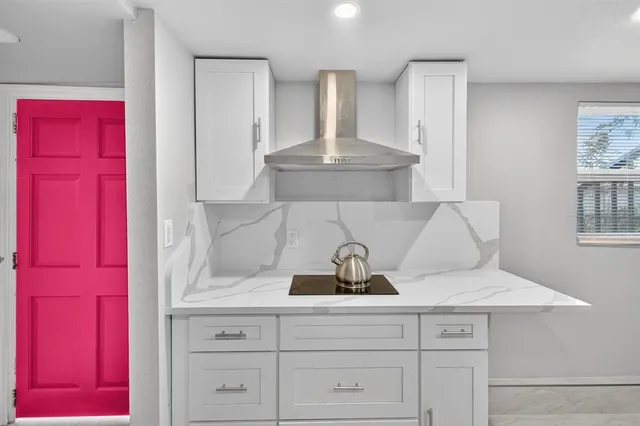 a view of white cabinets and a potted plant in a kitchen