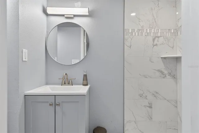 a bathroom with a sink mirror and shower