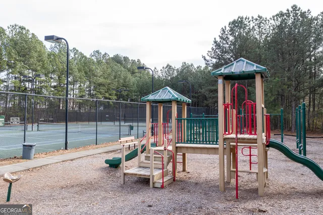 a garden view with a seating space