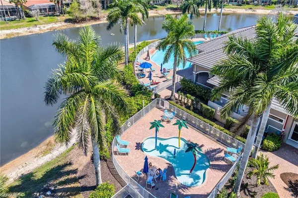 an aerial view of beach and patio