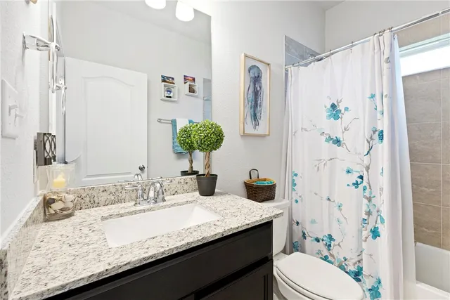 a bathroom with a granite countertop sink a toilet a shower curtain and a large mirror