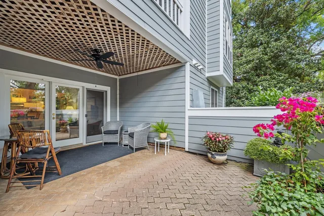 a view of a porch with wooden floor