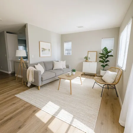 a living room with furniture a table and a potted plant