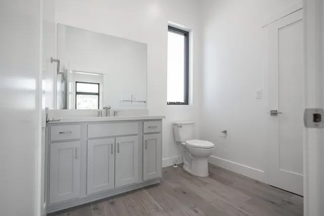 a bathroom with a toilet a sink and mirror