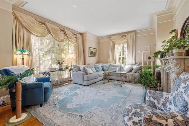 a living room with furniture windows and a fireplace
