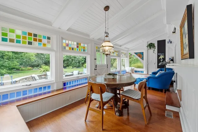 a view of a dining room with furniture window and wooden floor