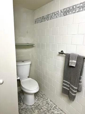 a white toilet sitting next to a shower