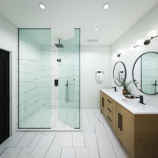 a bathroom with a double vanity sink mirror and shower