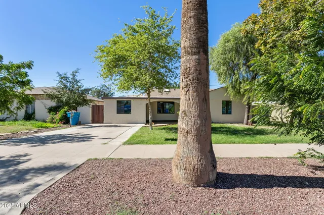 a view of a house with backyard and a tree